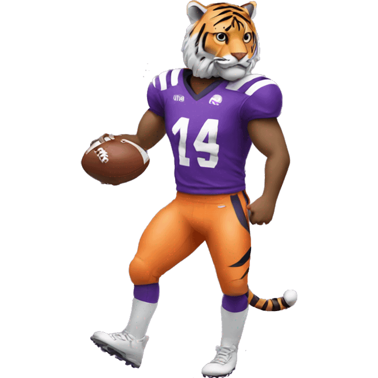 Tiger wear purple jersey holding a football emoji