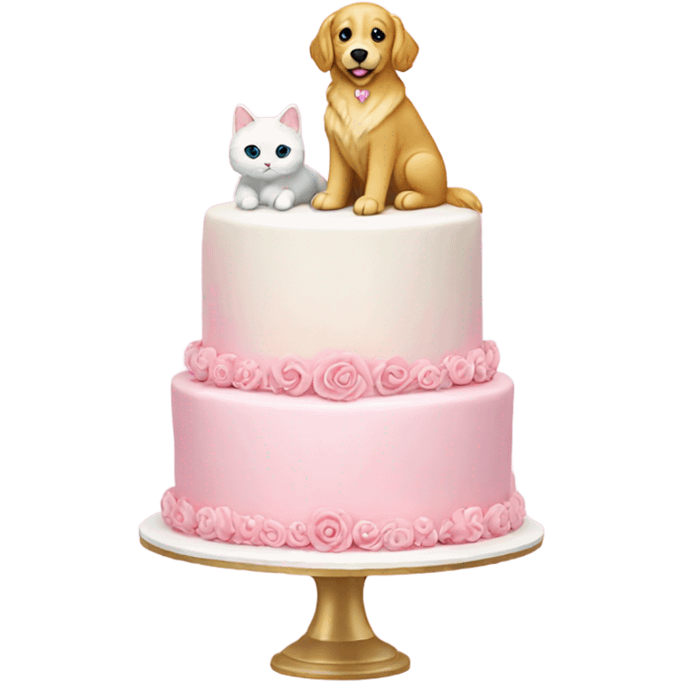 pink wedding cake with a golden retriever and white cat figures on top  emoji