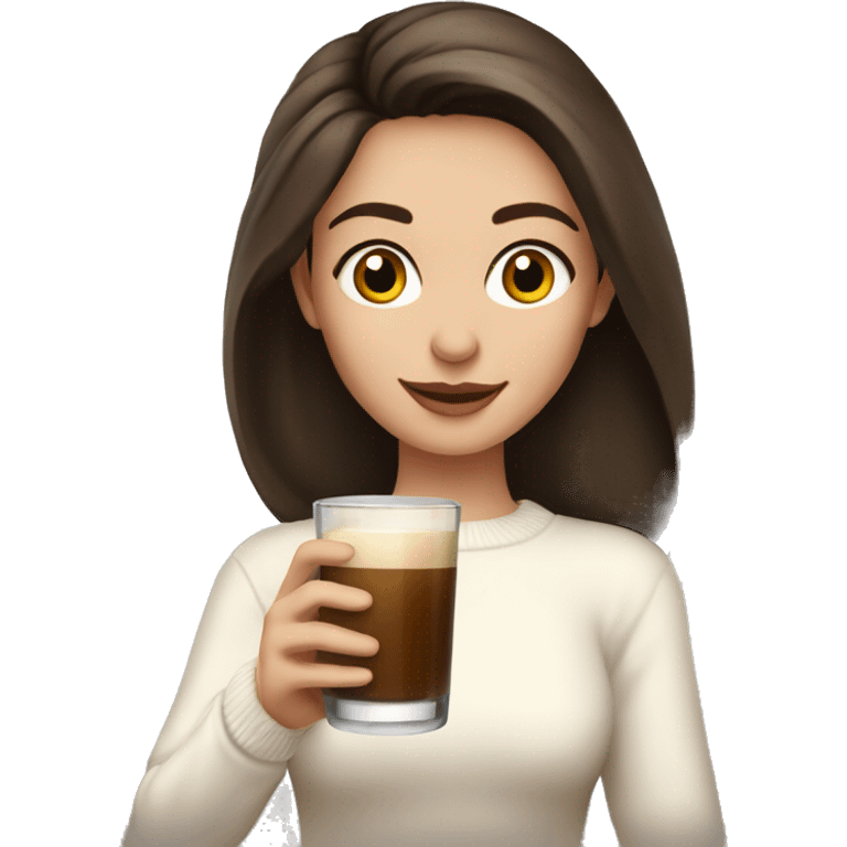 A brunette girl in a white sweater holding a glass of baileys  emoji