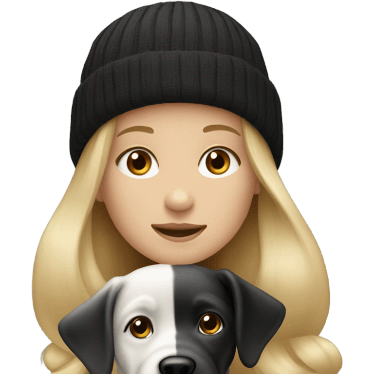 Blonde 10 year old with long hair and a beanie riding a black and white dog emoji