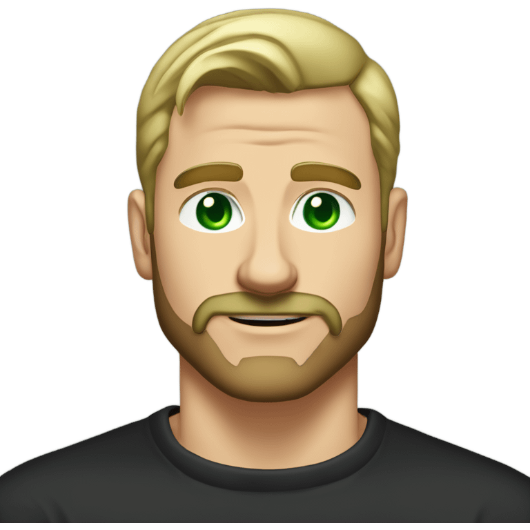 Muscular tall man with green eyes withour beard and mustache dirty blonde short straight hair brushed back, wearing a black sweater in a casual style, loves old-money aesthetic emoji