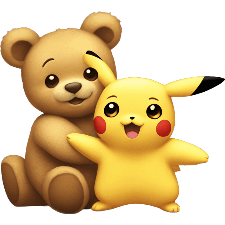 Cute teddybear cuddles with pikachu emoji