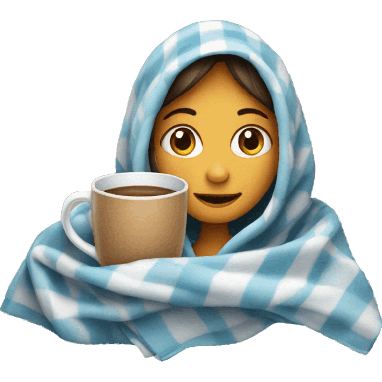 Girl in a blanket holding a mug emoji