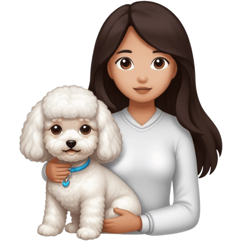 An Asian girl with tanned skin and long hair and a bichon emoji