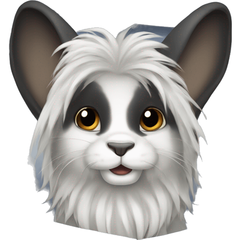 black lionhead rabbit under a white sheet with ears sticking out emoji