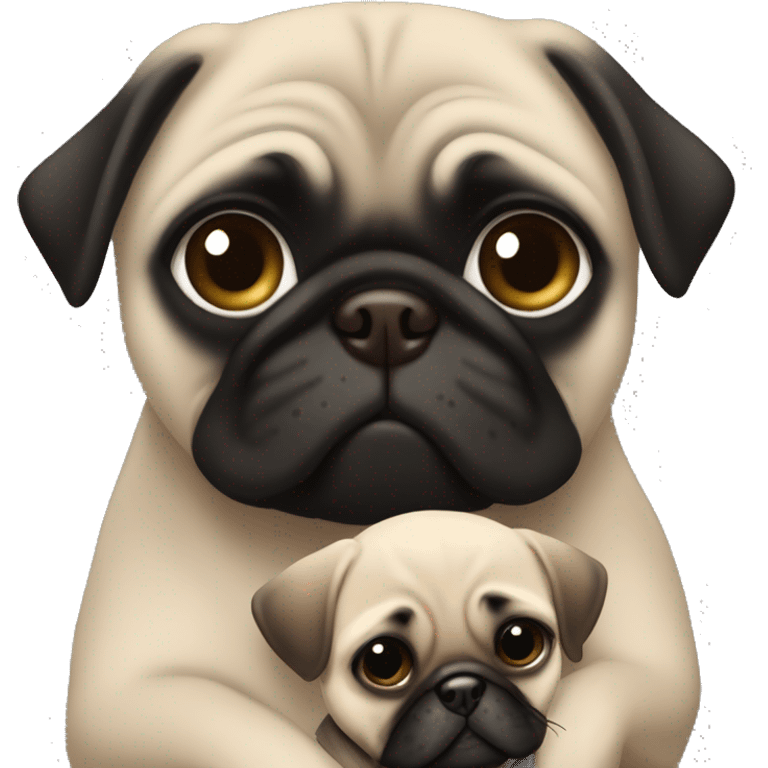 A white girl with brown hair and hazel eyes is hugging black pug emoji