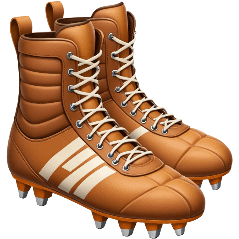 Cinematic Realistic image of a pair of rugby boots, showcasing sturdy leather construction, detailed cleat patterns and textured surfaces, illuminated by vibrant outdoor lighting that captures their athletic purpose emoji