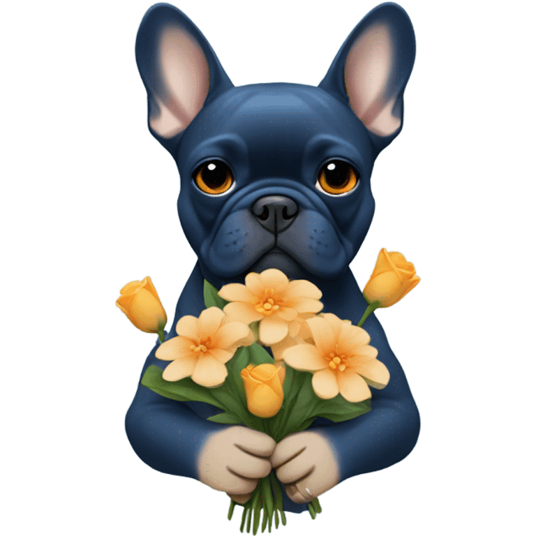 dark blue and tan french bulldog holding flowers emoji