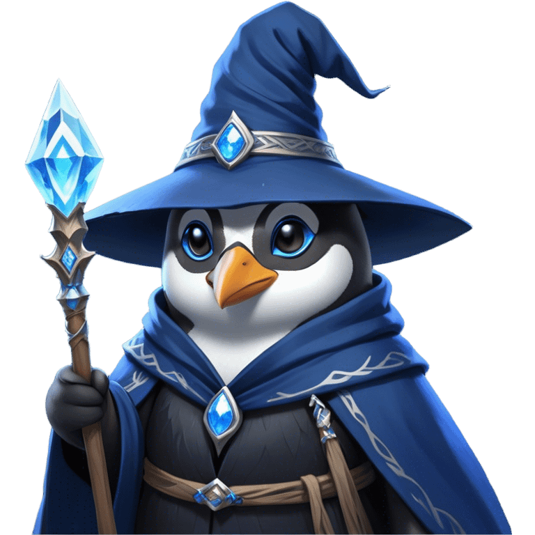 A mysterious penguin mage with sleek midnight-blue feathers, wearing a flowing black robe adorned with silver runes. A tall, pointed wizard hat sits slightly tilted on his head, the brim casting a shadow over his glowing icy-blue eyes. His flipper clutches an ancient wooden staff topped with a swirling crystal, radiating a soft, cold light. Snowflakes drift around him as he stands on a frozen cliff, his aura crackling with arcane energy, ready to summon a blizzard with a flick of his staff. emoji