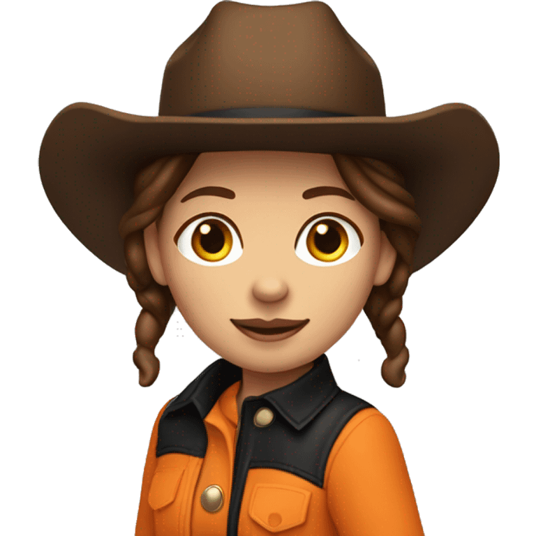 jumping brunette cow girl tan skin skin, orange burnt coat, black hat emoji