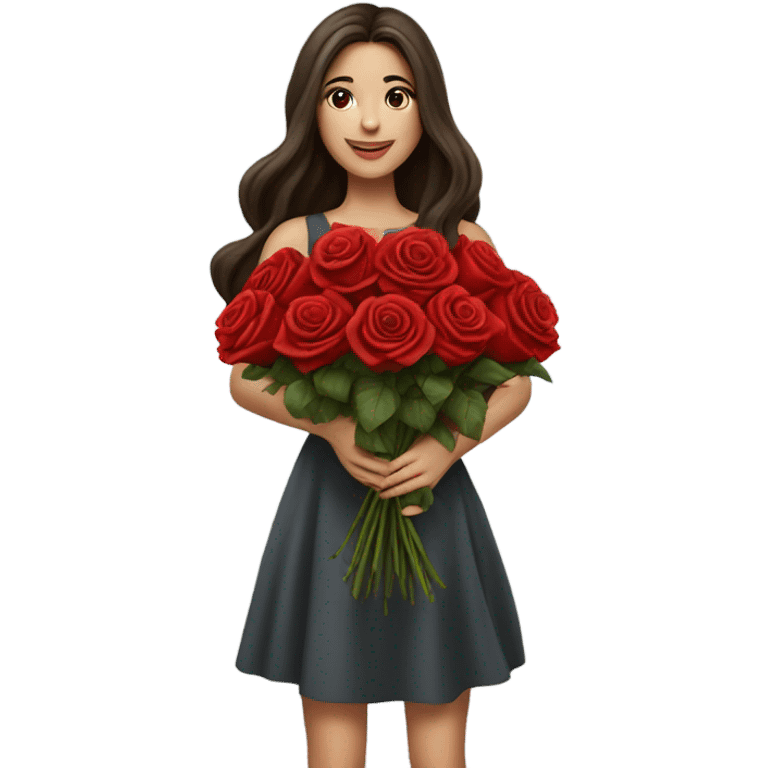 girl with beautiful long hair brunette in her hands a huge bouquet of red roses emoji