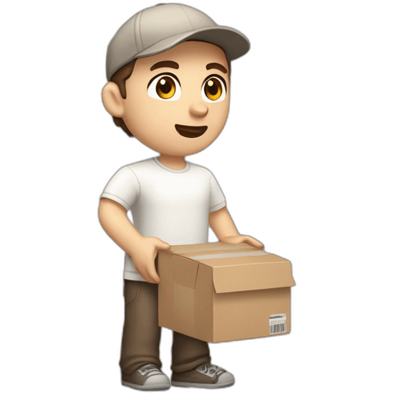 Pale skinned fit Man with dark brown hair in a beige cap, gray jeans, brown polo and white T-shirt keeping a pasted with tape white box into his hands emoji