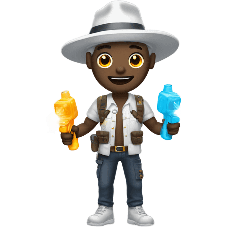 White skin Guy in glowing outfit and hat with bubble guns in each hand emoji