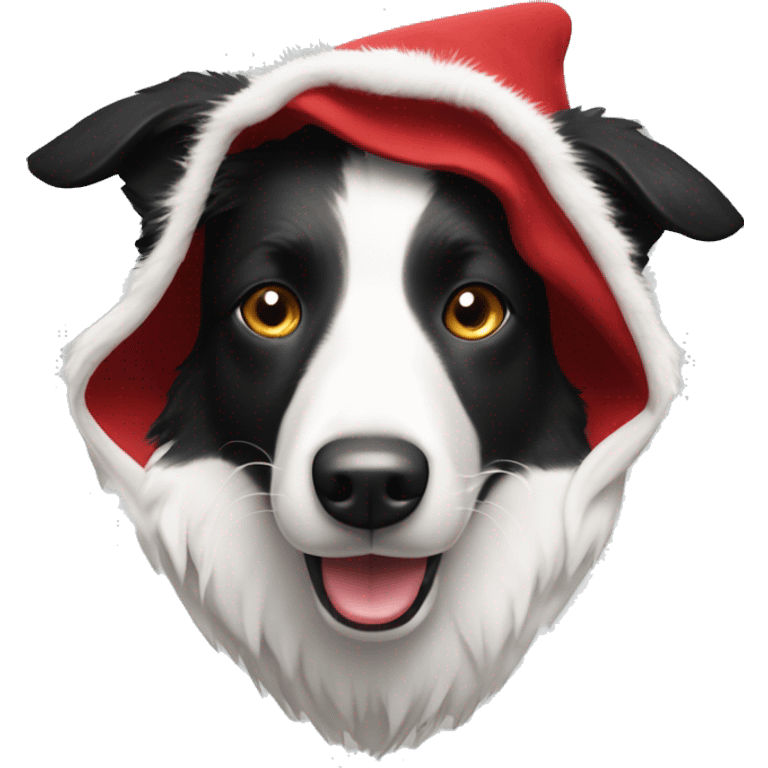 Black and white Border Collie wearing a red velvet hood with white fur trim. emoji