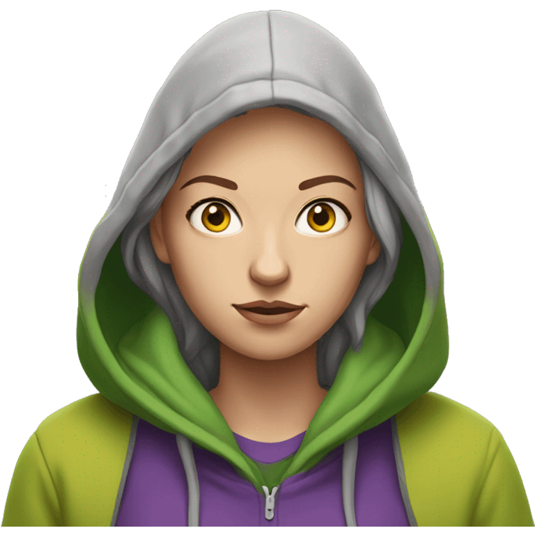 white woman who is homeless, disheveld wearing green hoodie and purple shirt with yellowish eyes emoji