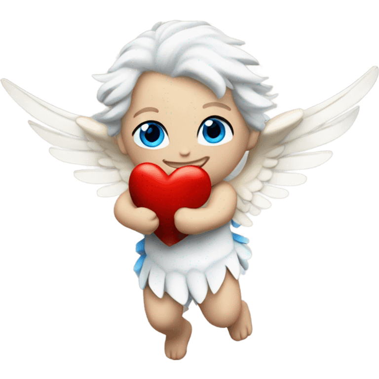 Realistic Photo of flying pale cupid with blue eyes and red heart arrow  emoji