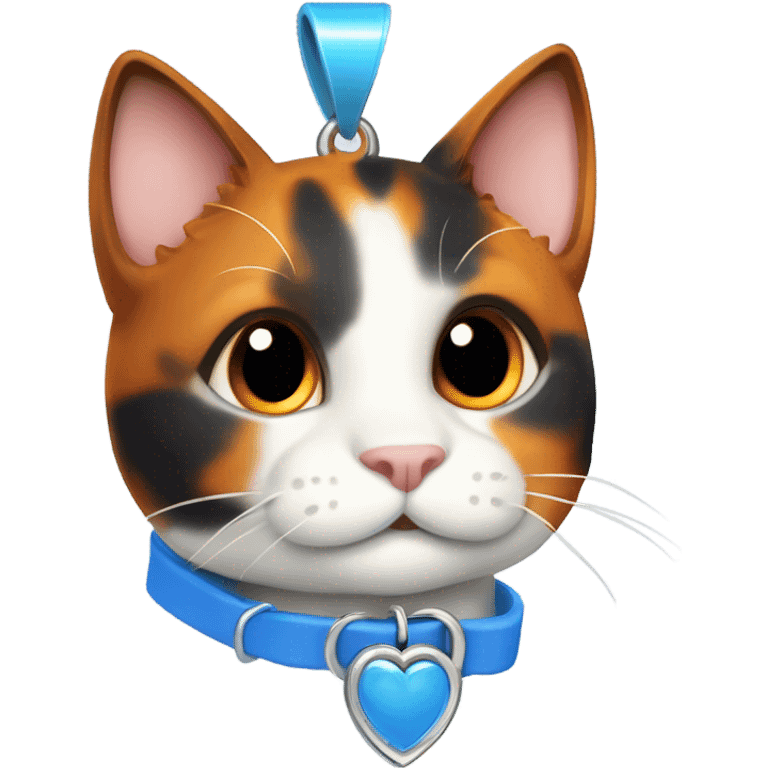 happy cute tortoiseshell white cat with blue cat collar with orange pendant, full body,  from half side perspective  emoji