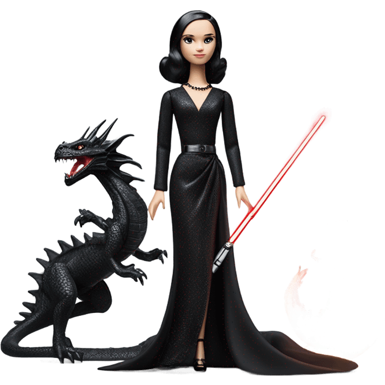 evening dressed, Wednesday Addams Barbie Jedi riding on the back of a very large black shiny evil-looking fire-spewing horned dragon emoji