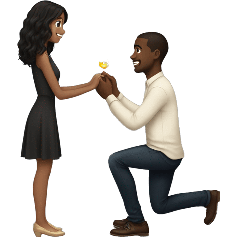 Black guy with short hair proposing on one knee with a ring to a standing light brown girl with long black hair emoji