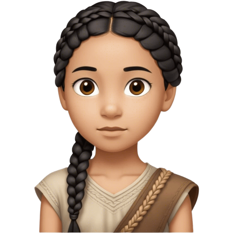 A thin 10-year-old mixed-race girl with almost black hair braided into a single plait draped over her shoulder and dark brown eye emoji