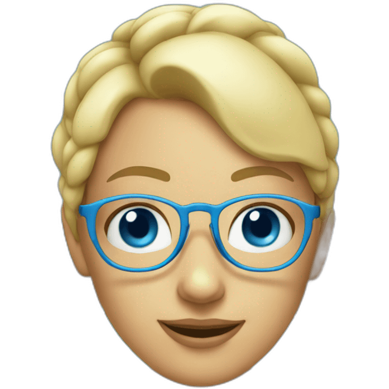 blonde girl with two pigtails. blue eyes. blue top. fluorescent glasses emoji