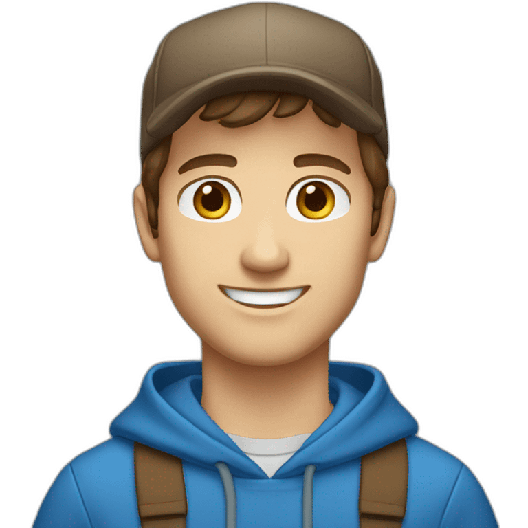 caucasian, male, brown hair, brown eyes, cap, smiling, blue hoodie emoji