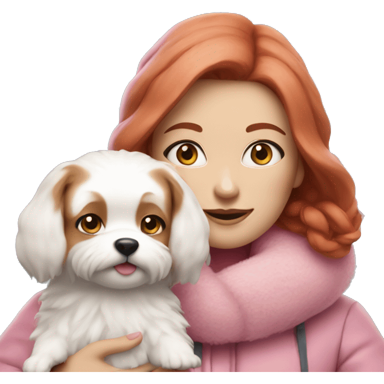 Woman with red hair and blue eyes wearing pink winter clothes holding a small white dog with fluffy fur  emoji