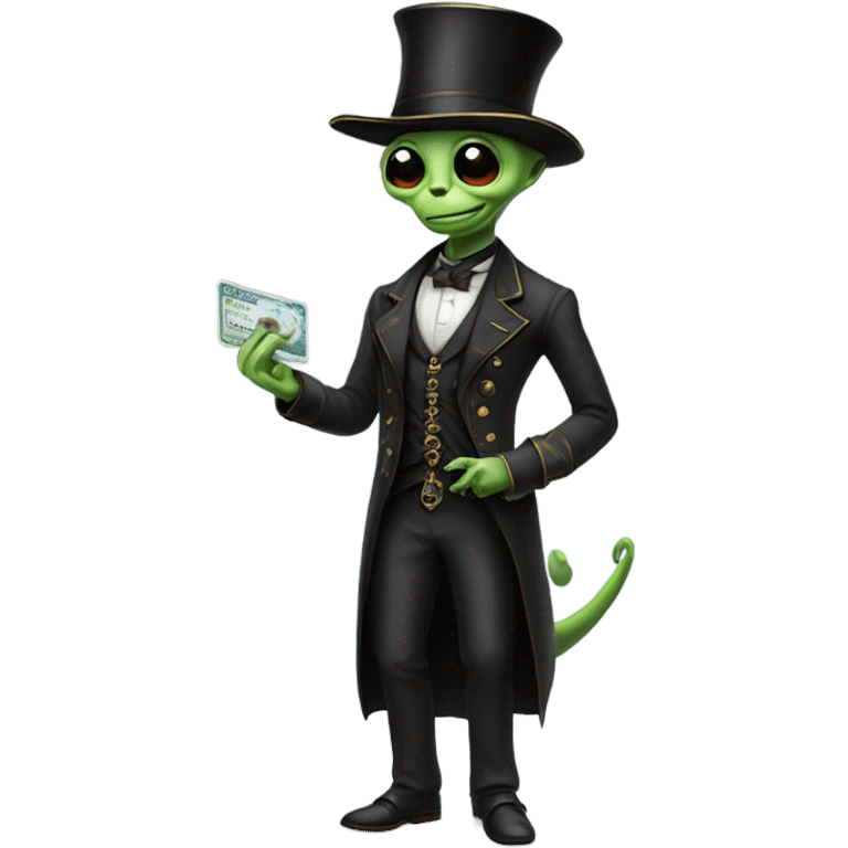 alien galora in Victorian dress elegant, full body, holding big credit card emoji