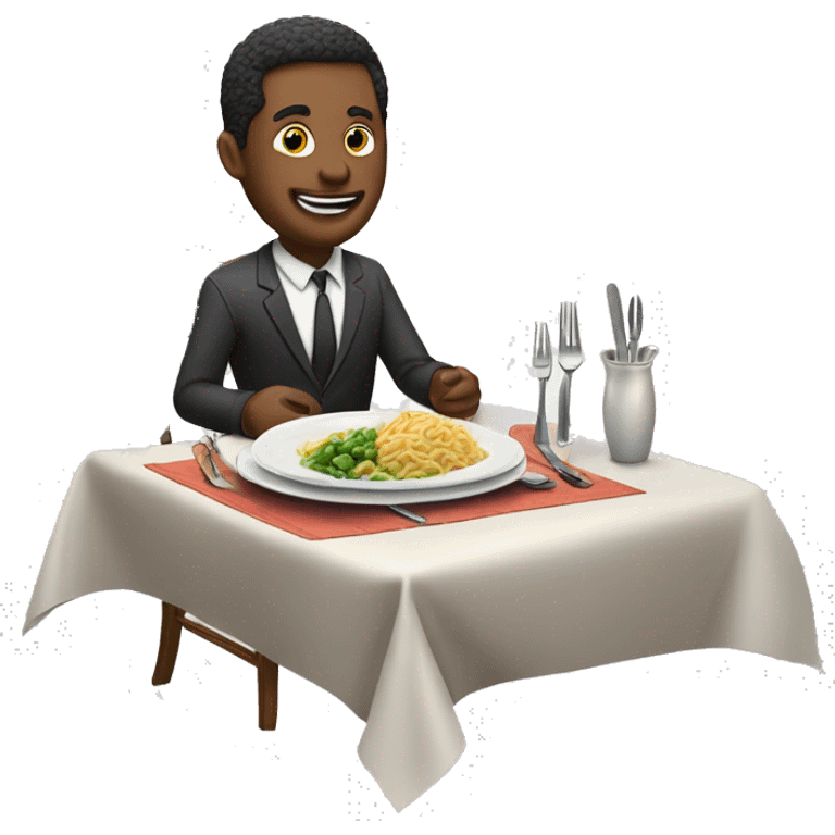 man at dinner table with cuttlery in his hands, money on the plate emoji