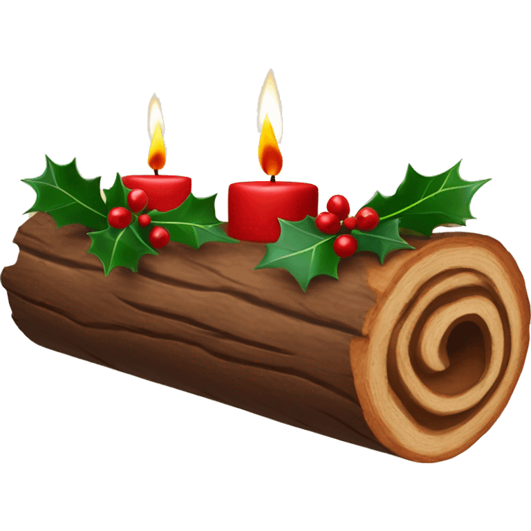 Wooden yule log with red candle in the centre, decorated with holly and bows  emoji