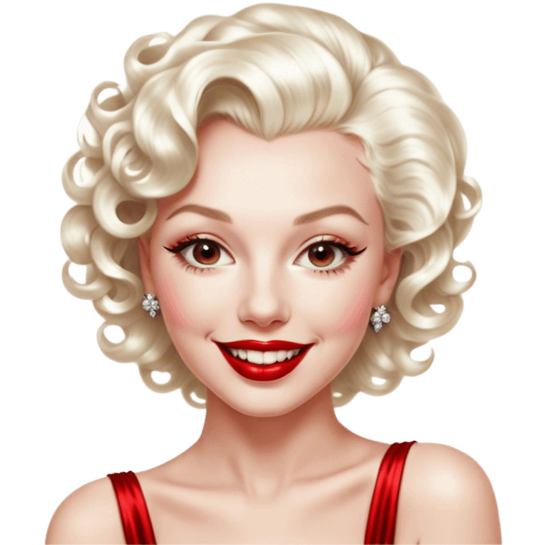 Cinematic Realistic Marilyn Monroe Emoji, featuring a glamorous, high-detail portrayal of the legendary Hollywood star. Her iconic platinum curls, radiant smile, and signature red lips are illuminated by dramatic, vintage-style lighting, evoking the timeless allure of classic cinema. emoji