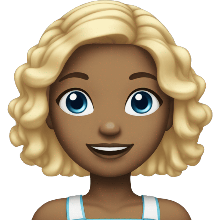  black american girl, with blue eyes and tied up blonde hair, waving her hand emoji