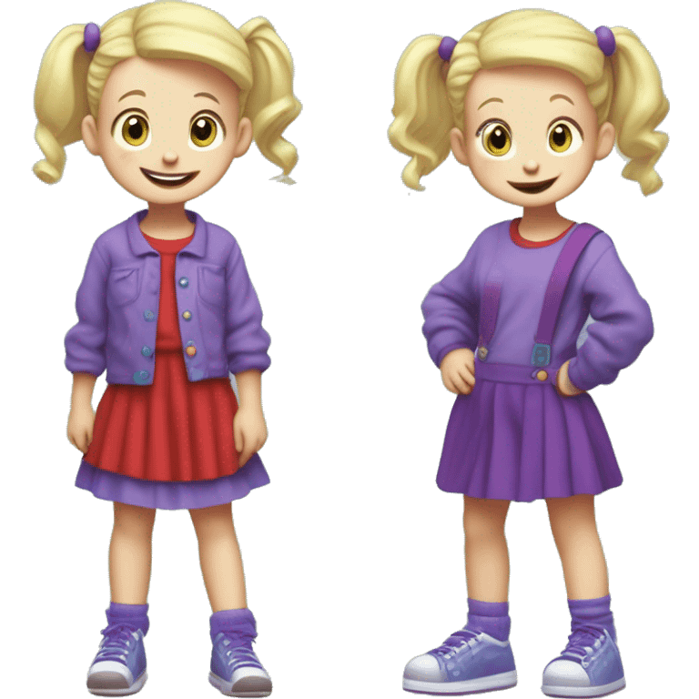 A little blonde girl with pigtails and little purple bows wearing a red long-sleeved shirt and purple overalls skirt with blue tights with green polka dots and purple sneakers, full body, rugrats emoji