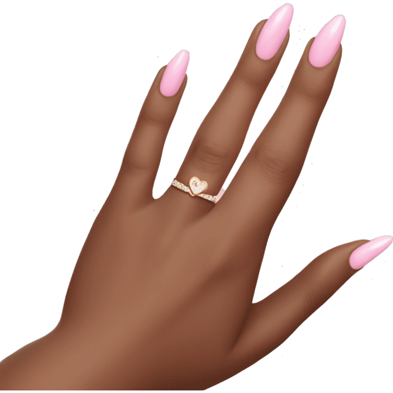 brown hand with light pink french tip nails with heart on ring finger and pear shaped diamond ring on ring finger, left hand emoji