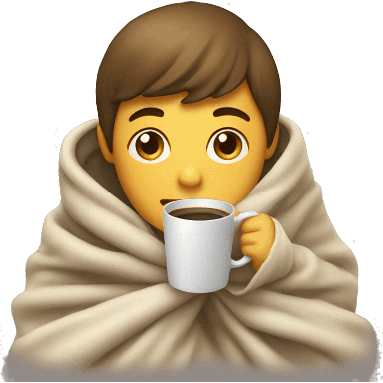 A boy wrapped around in a blanket sipping coffee  emoji