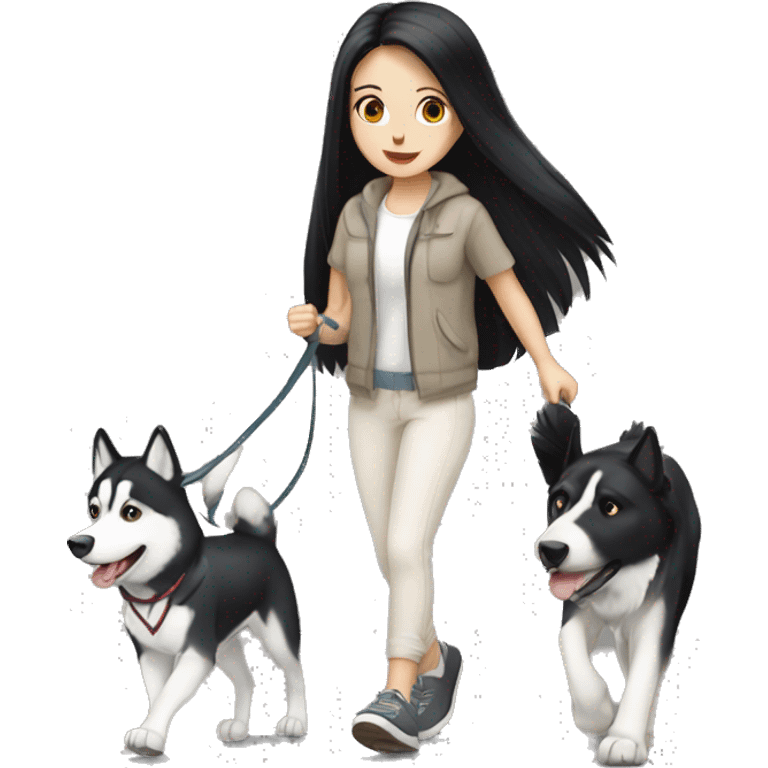 Long black hair pale girl walking husky dog emoji