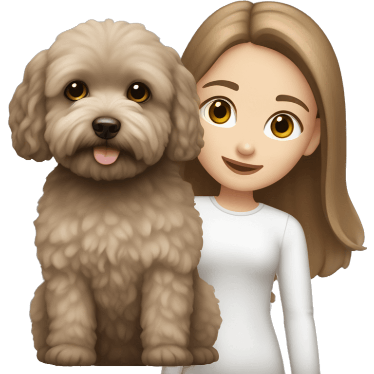 White Girl with brown long straight hair, holding a dark gray maltipoo with a white snout emoji