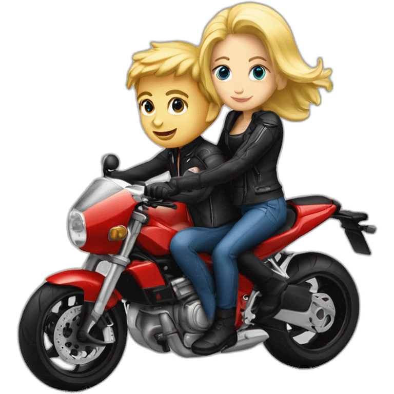 Garçon blond + fille blonde à l'arrière sur une moto ducatti noir emoji