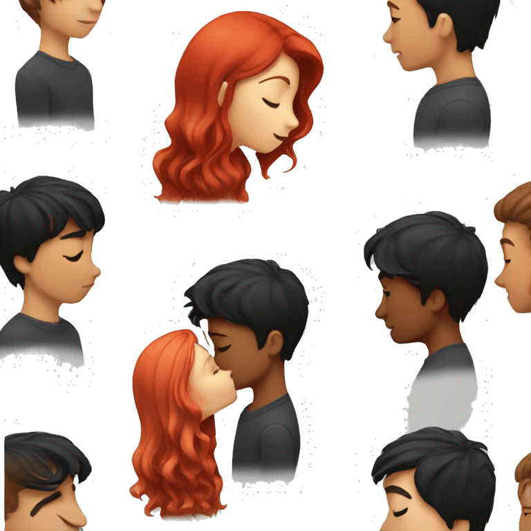 A red-haired girl kisses a guy with short black hair emoji