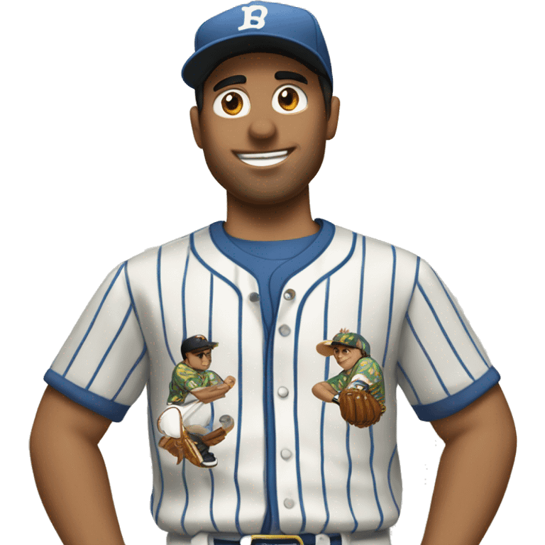 Man with brown hair in a Hawaiian shirt negotiates with a Latino baseball player wearing pinstripes  emoji