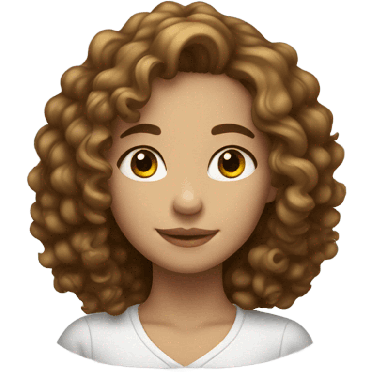 A girl with slightly white skin, has slightly brown eyes, beautiful Kirly hair and dimples, and has good under her mouth emoji