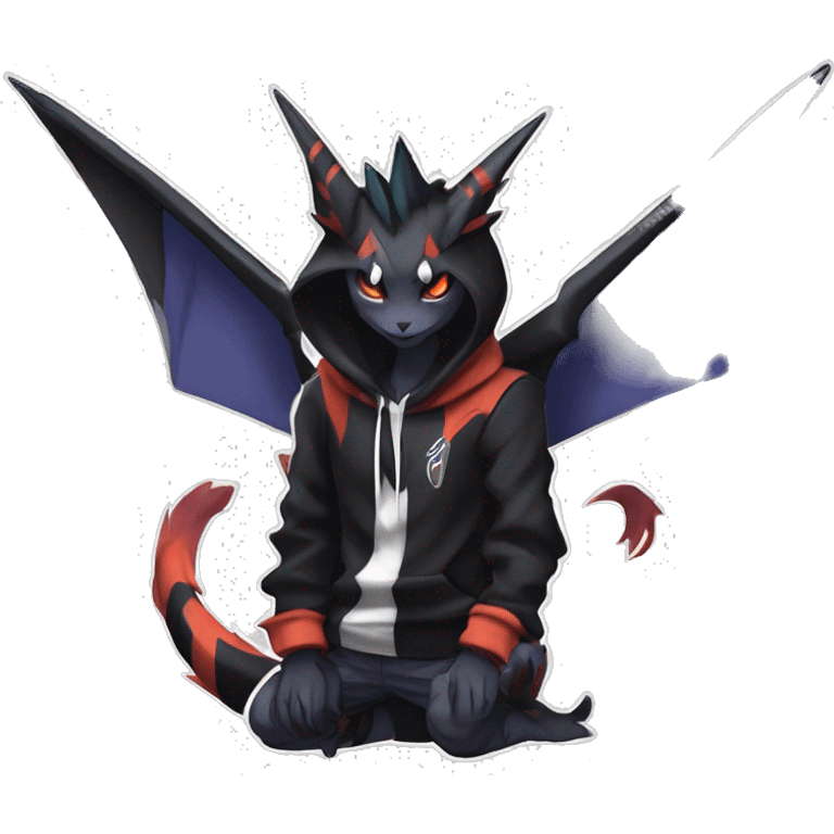 Cool Anthro Black Noivern-Absol-Litten-Pokémon with edgy stripes hoodie spiked collar punk Full Body emoji