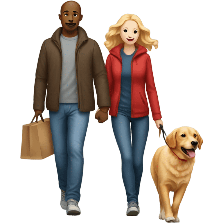 man walking fox red Labrador and woman walking English cream retriever emoji