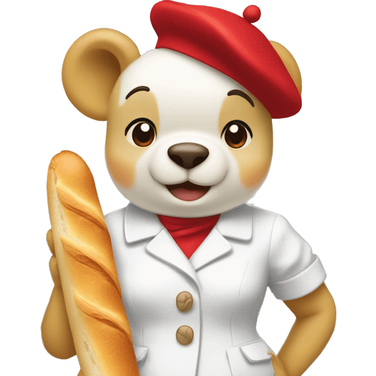 parisien style white pooh (female), with red beret on head and baguette in arms, and with eiffel tower in the background emoji