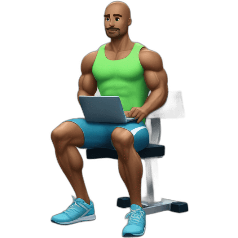 man on musculation bench with portable computer used as dumbbels emoji