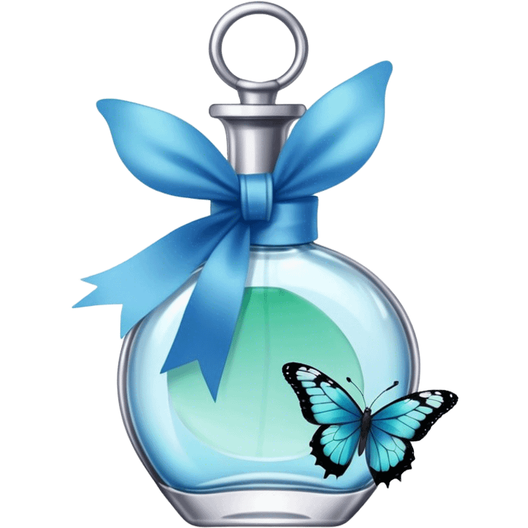 A glass perfume bottle with a soft blue ribbon tied around its neck, with a green and blue butterfly nearby. emoji