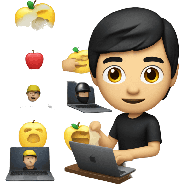 memoji of a Vietnam man, yellow skin, with a laptop in front, apple-style (logo to '</>' charactor), modern, black hair, Vietnam pith helmet, black sweater, computer in hand, sites on a desk emoji