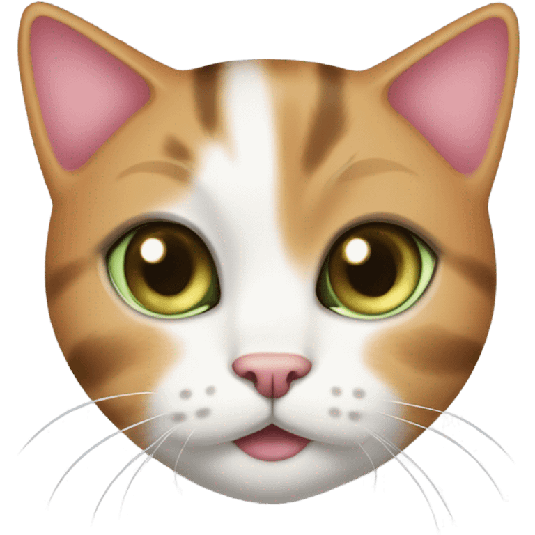 3 color cat(orange.black.white), pink nose, black spot, short hair, light brown spot on beard, light green eyes 듣기 emoji