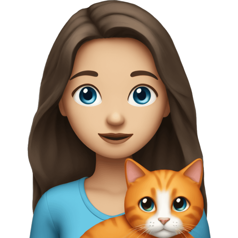 long haired brunette girl with blue eyes holding one orange cat emoji