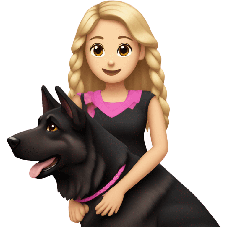 black german shepherd with brown paws only wearing a pink collar with owner who has sandy blonde hair in a single braid emoji